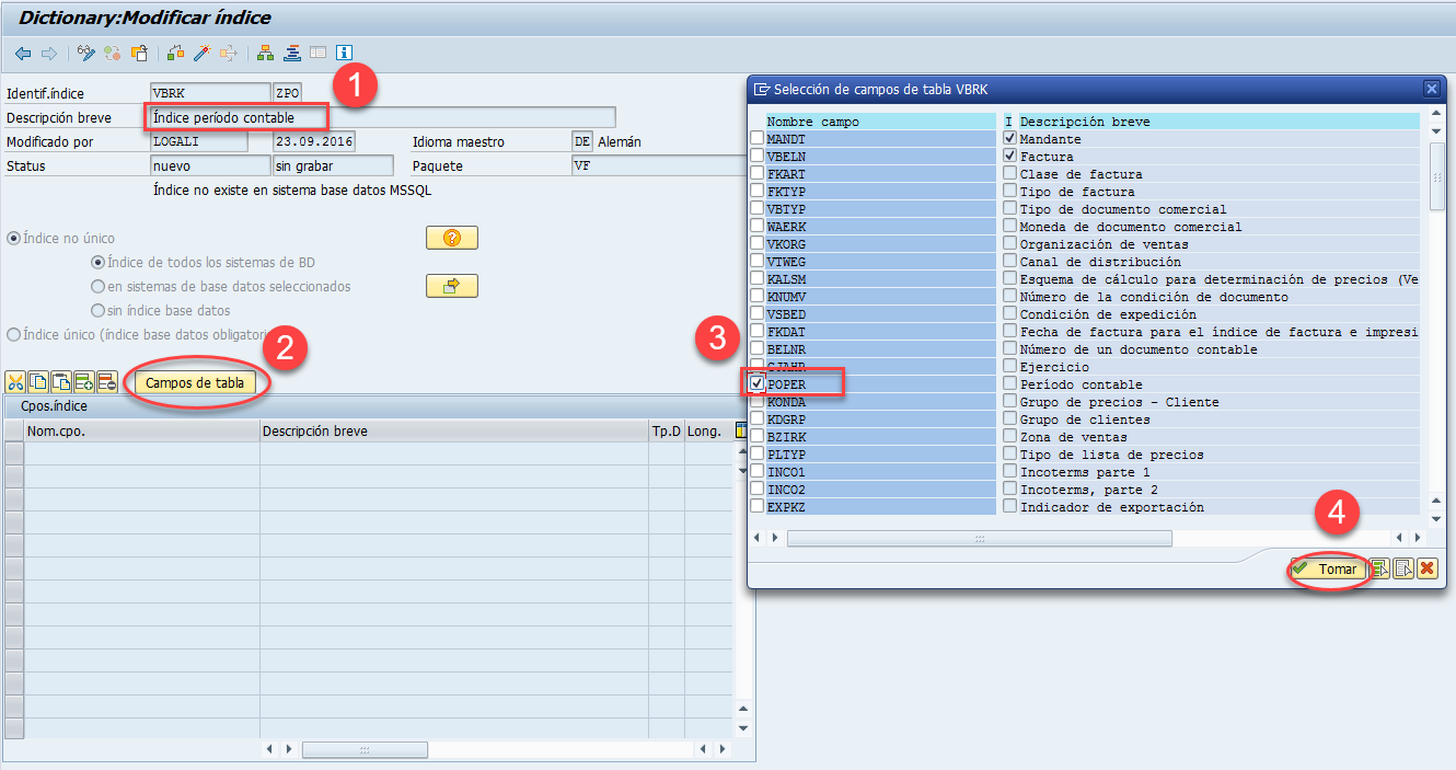 Crear índices de base de datos en SAP 3