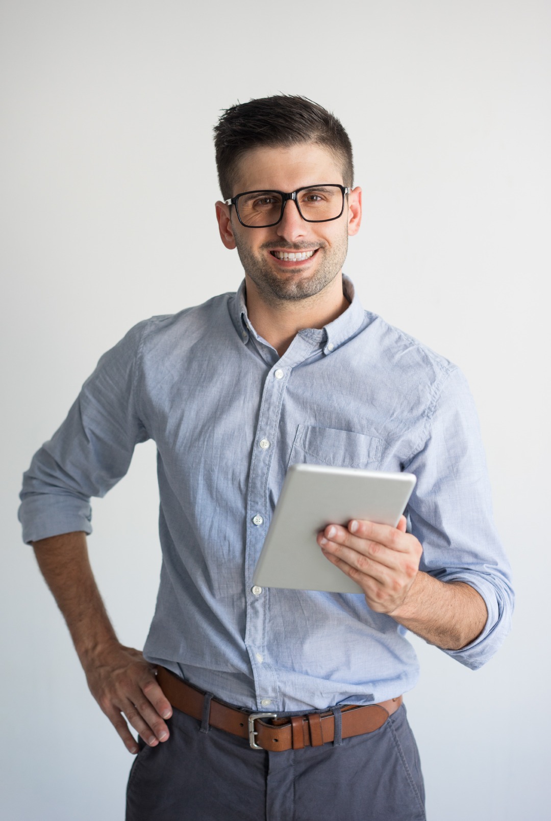 portrait happy businessman with digital tablet