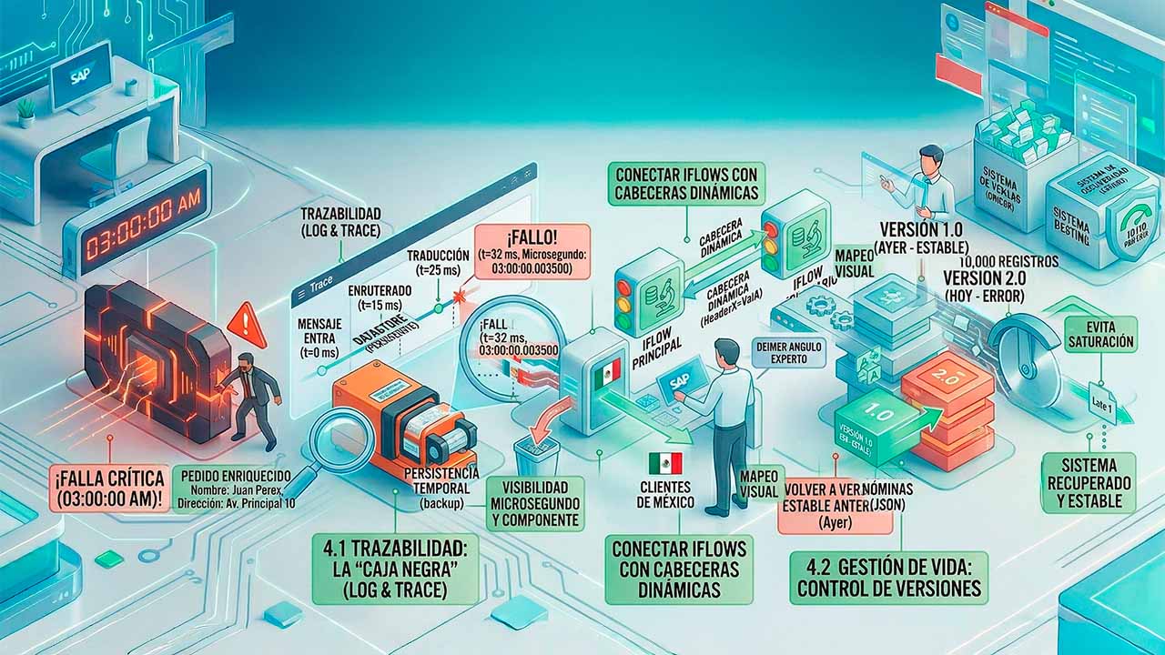 Diagrama de flujo técnico sobre SAP Cloud Integration que ilustra la trazabilidad (Log & Trace) ante fallas críticas, el uso de cabeceras dinámicas y la gestión de vida mediante control de versiones.
