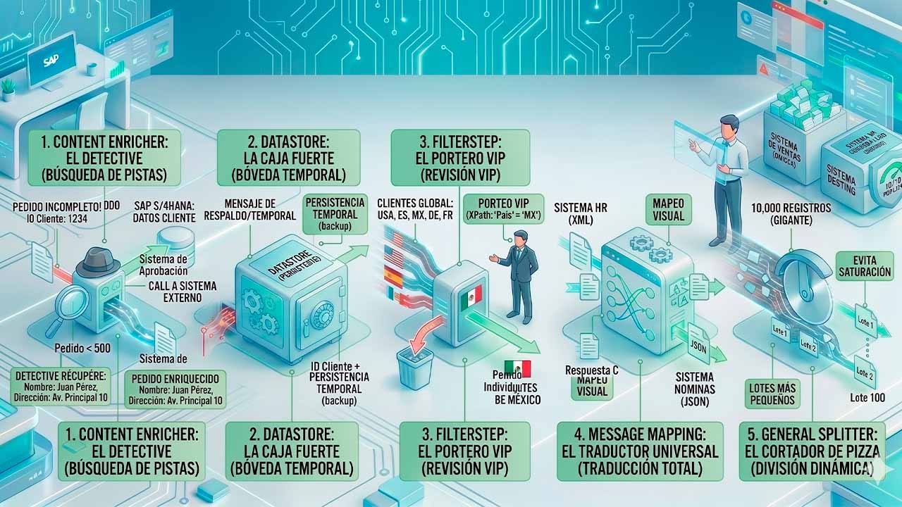 Diagrama educativo de SAP Cloud Integration que explica los componentes Content Enricher, Datastore, Filter Step, Message Mapping y General Splitter mediante analogías visuales.