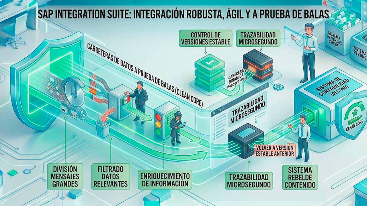 Infografía técnica de SAP Integration Suite que ilustra patrones de diseño de integración: división de mensajes, filtrado de datos, enriquecimiento de información y trazabilidad al microsegundo sobre una carretera de datos segura (Clean Core).
