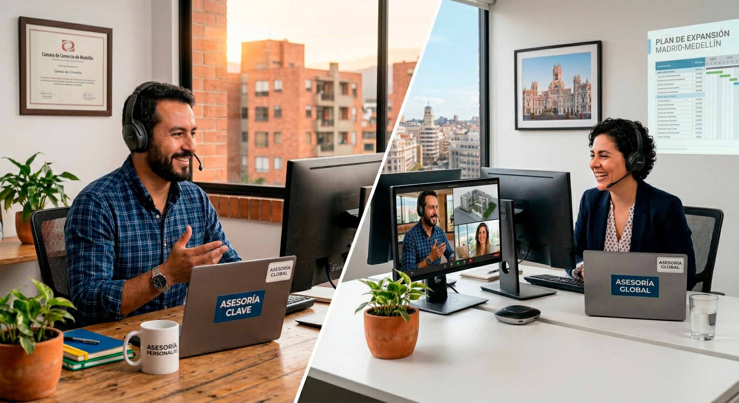 Composición visual de dos consultores en videollamada, uno en una oficina con fondo de Medellín y otra en una oficina con fondo de Madrid, representando el plan de expansión y asesoría global de Logali.