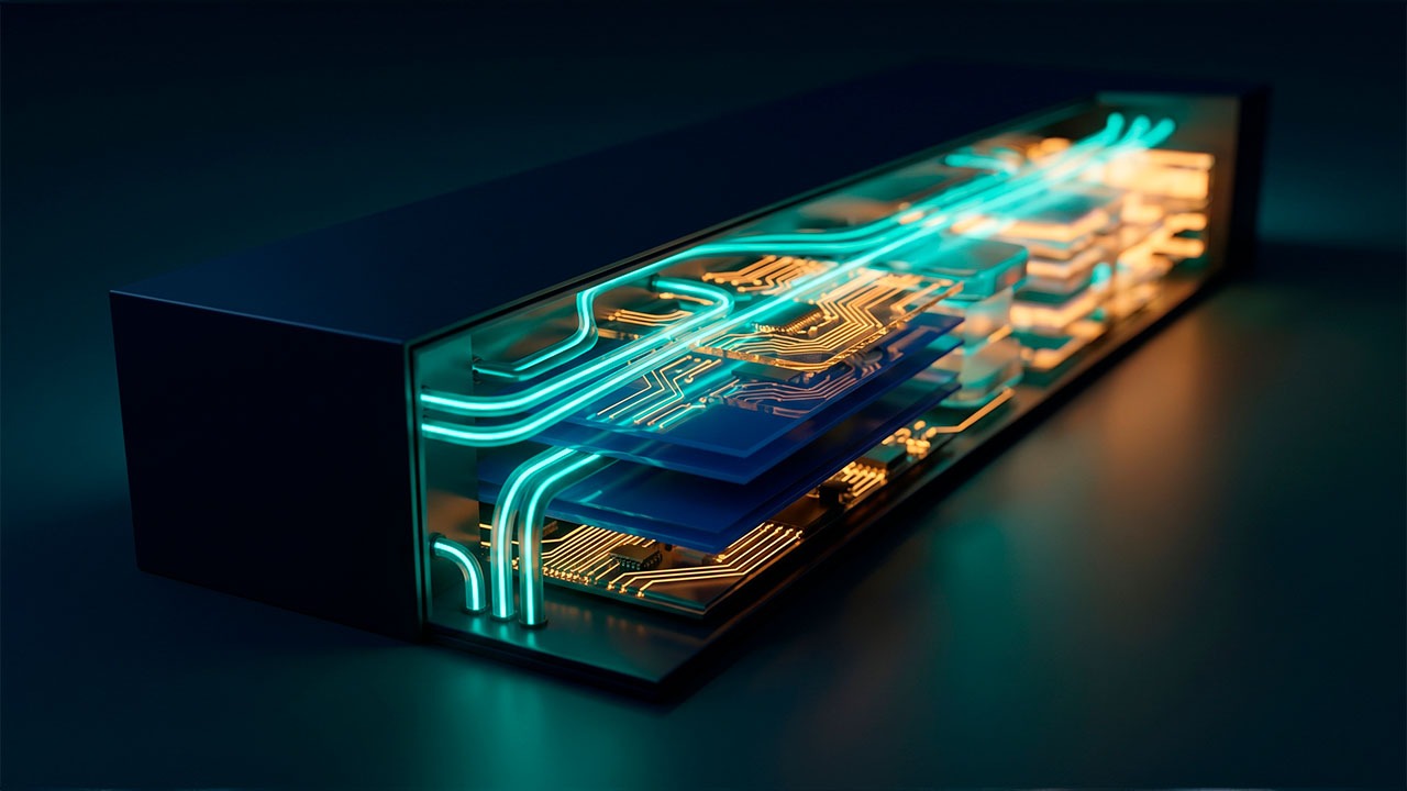 Vista detallada de una unidad de procesamiento futurista con capas de circuitos integrados iluminados en azul turquesa y naranja, simbolizando la velocidad del procesamiento de datos en memoria.