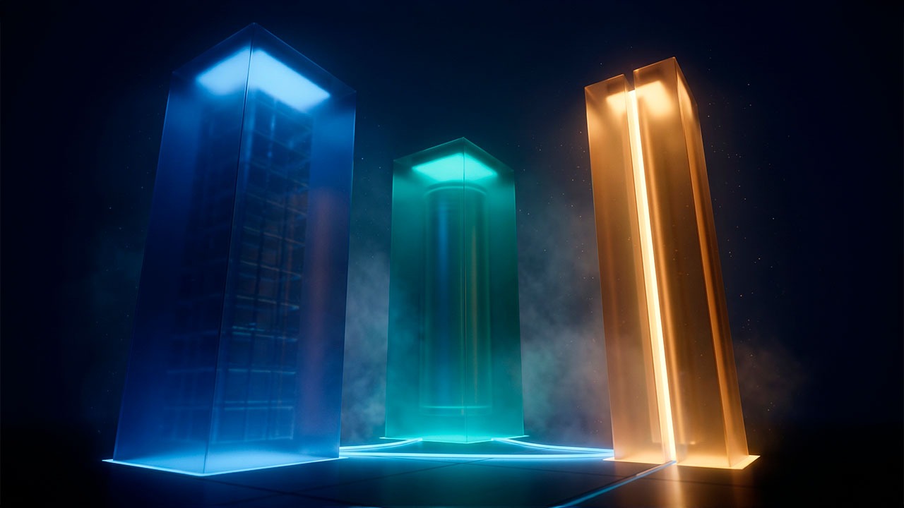 Tres monolitos o pilares tecnológicos de cristal iluminados en azul, turquesa y naranja sobre un fondo oscuro con neblina, conectados por circuitos de luz en el suelo.