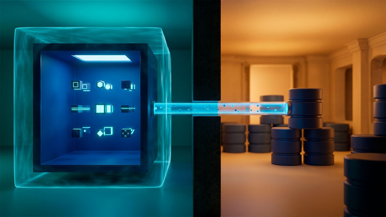 Representación 3D de un contenedor digital azul protegido por una capa de cristal, conectado mediante un túnel de luz a una sala con pilas de discos de datos.