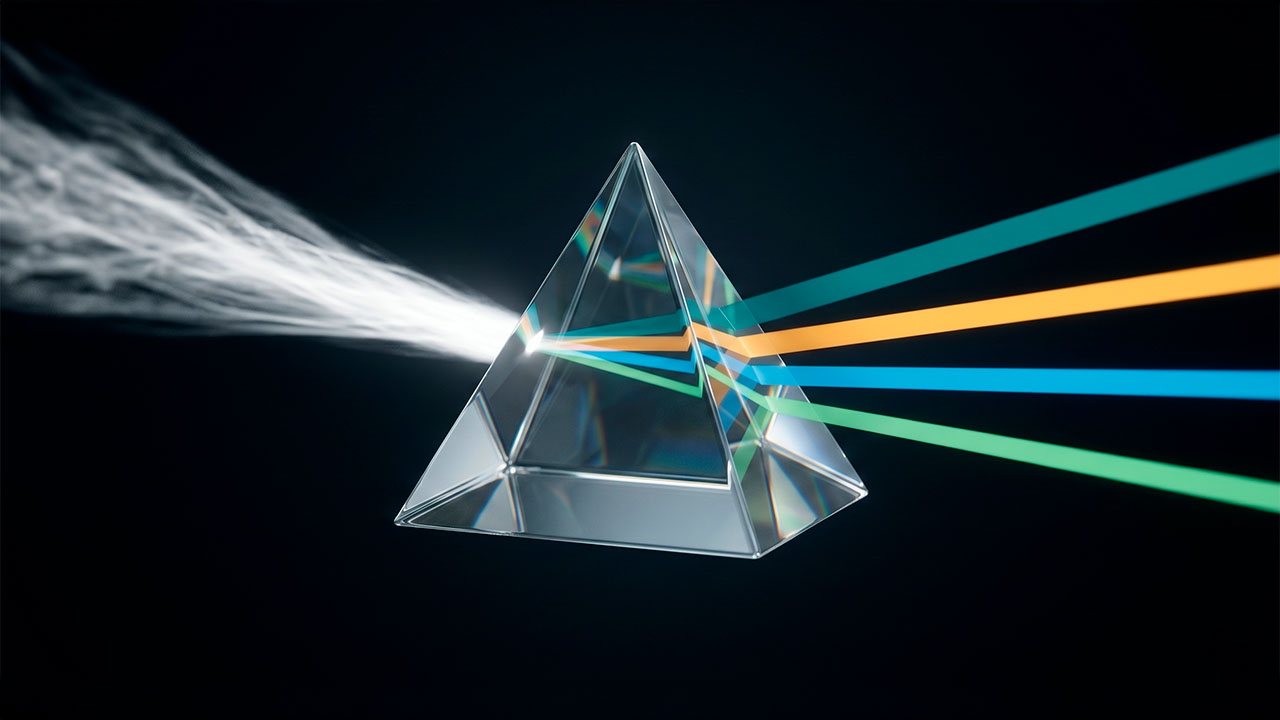 Un prisma de cristal transparente sobre fondo negro descomponiendo un haz de luz blanca en varios rayos de colores azul, verde y naranja.