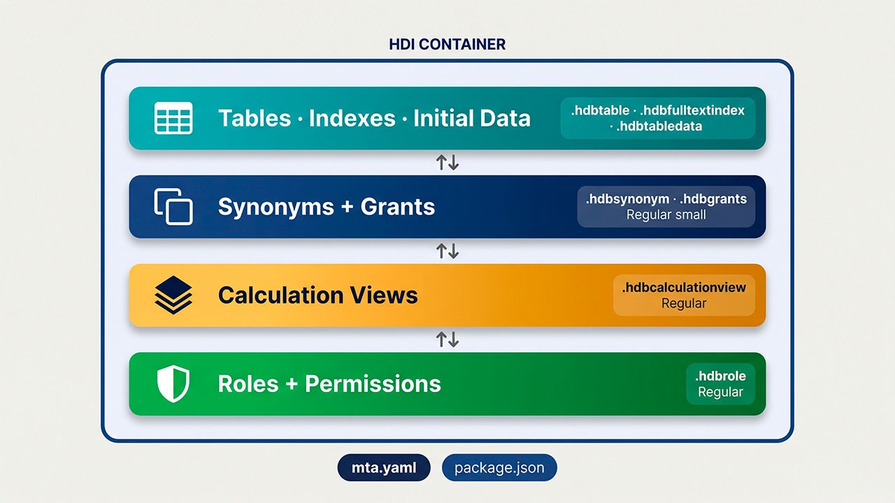 Diagrama de capas de un HDI Container en SAP HANA que muestra la jerarquía de Tables, Synonyms, Calculation Views y Roles, junto con sus extensiones de archivo correspondientes.