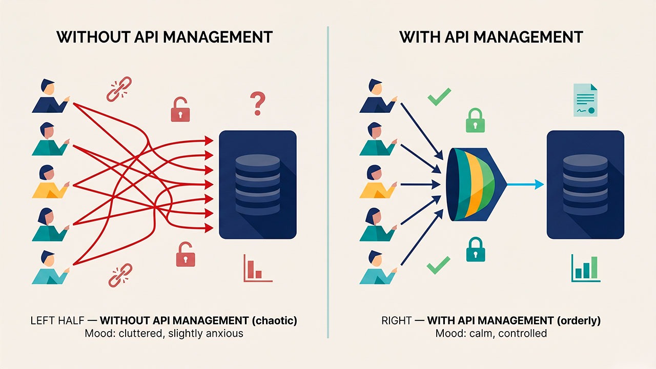 Comparativa de arquitectura: a la izquierda, conexiones desordenadas y vulnerables sin API Management; a la derecha, conexiones centralizadas, seguras y controladas a través de una pasarela de APIs.