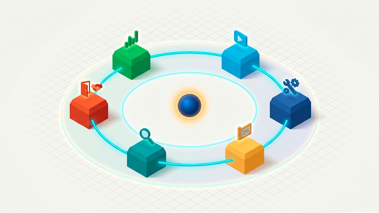 Diagrama circular isométrico con seis cubos de colores que representan servicios integrados: gráficas analíticas, reproducción de video, configuración técnica, almacenamiento de datos, búsqueda y control de acceso.