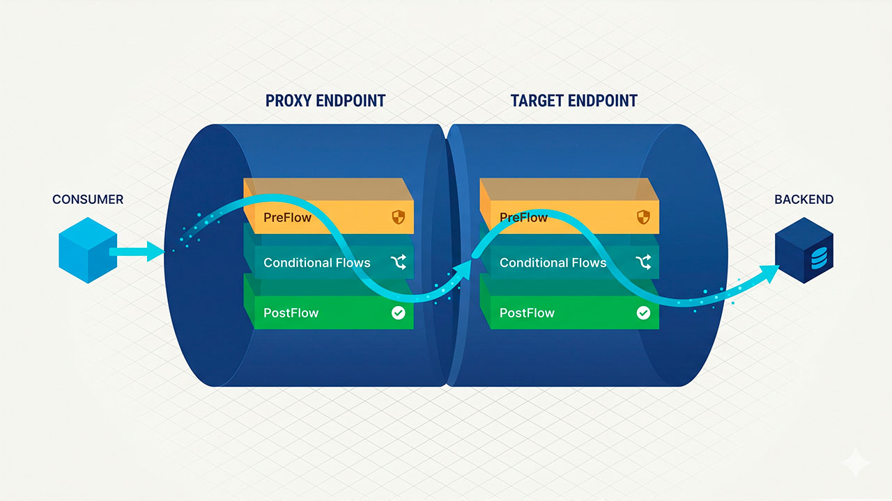 Diagrama del flujo de un API Proxy que muestra el camino de una solicitud desde el Consumer hasta el Backend, pasando por PreFlow, Conditional Flows y PostFlow en los niveles de Proxy y Target Endpoint.