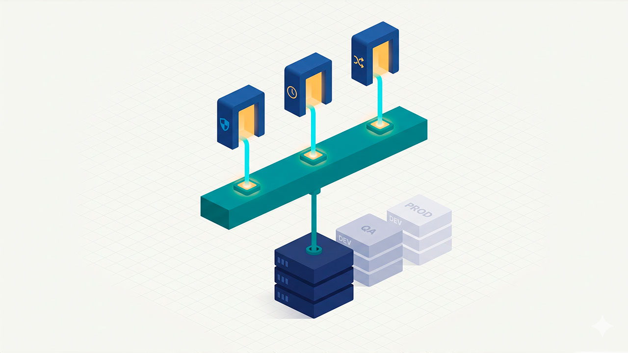 Diagrama isométrico que representa el ciclo de vida del software con tres servidores etiquetados como DEV, QA y PROD, conectados a una barra de procesos con iconos de seguridad, tiempo y flujo.