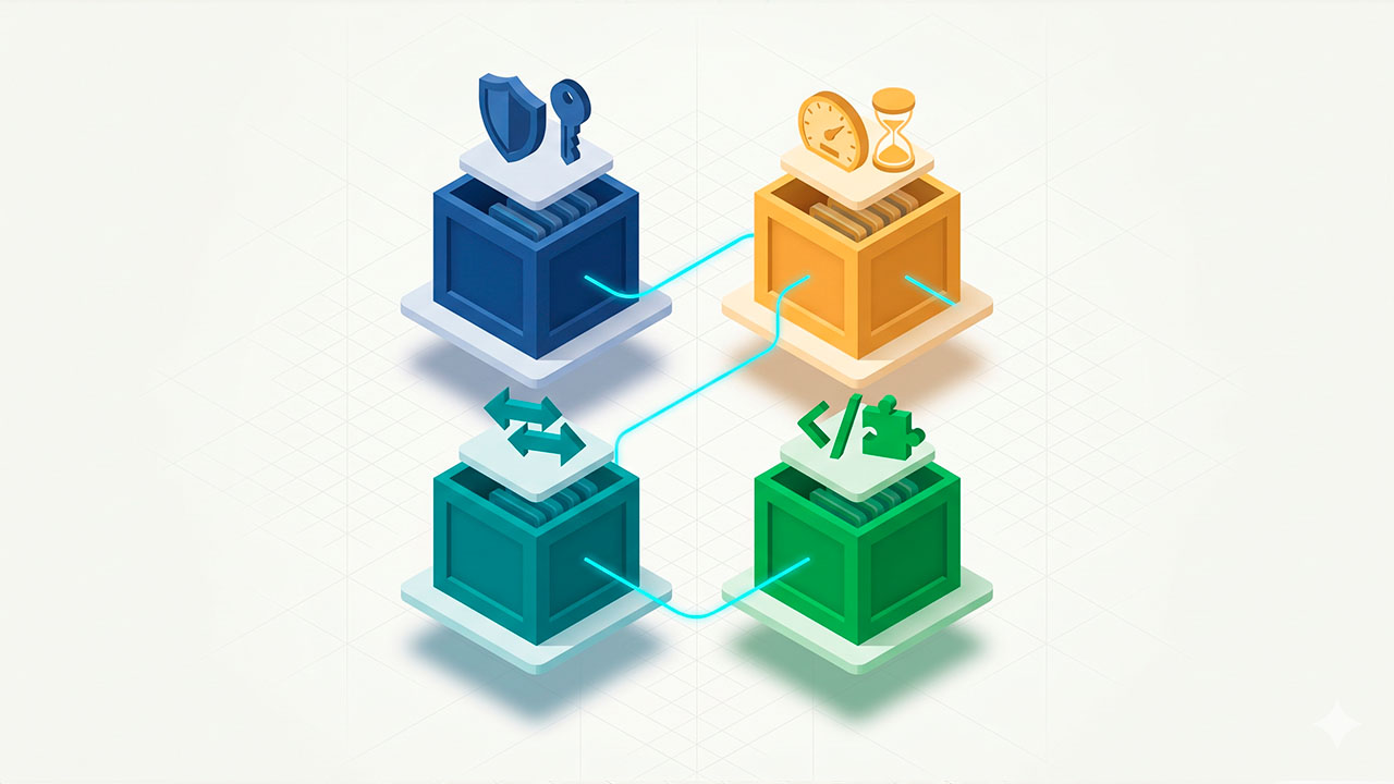 Diagrama isométrico con cuatro cubos interconectados que representan: seguridad (escudo y llave), rendimiento (velocímetro y reloj), intercambio de datos (flechas) y desarrollo de código (símbolos de programación).