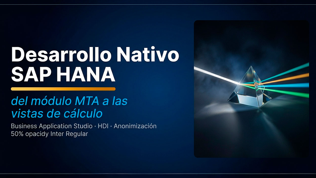 Banner promocional sobre Desarrollo Nativo SAP HANA que muestra un prisma refractando luz y texto sobre módulos MTA y vistas de cálculo. (Este es el más importante para la accesibilidad; describe lo que se ve si la imagen no carga).