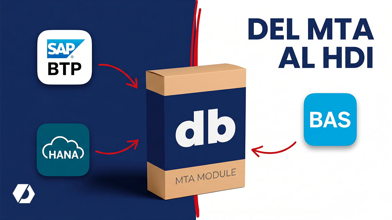 Infografía que muestra el flujo de trabajo desde SAP BTP y SAP HANA hacia un módulo MTA (DB), integrando Business Application Studio (BAS).